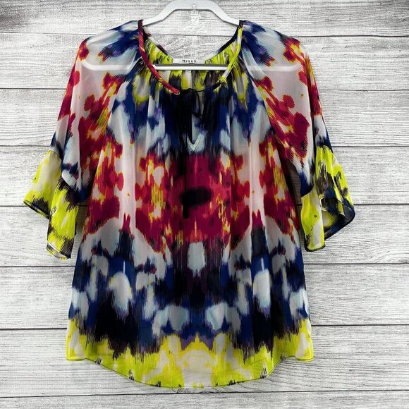 MILLY Women’s S Blouse Chiffon Bell Sleeve Multicolor‎ Top - Picture 1 of 7